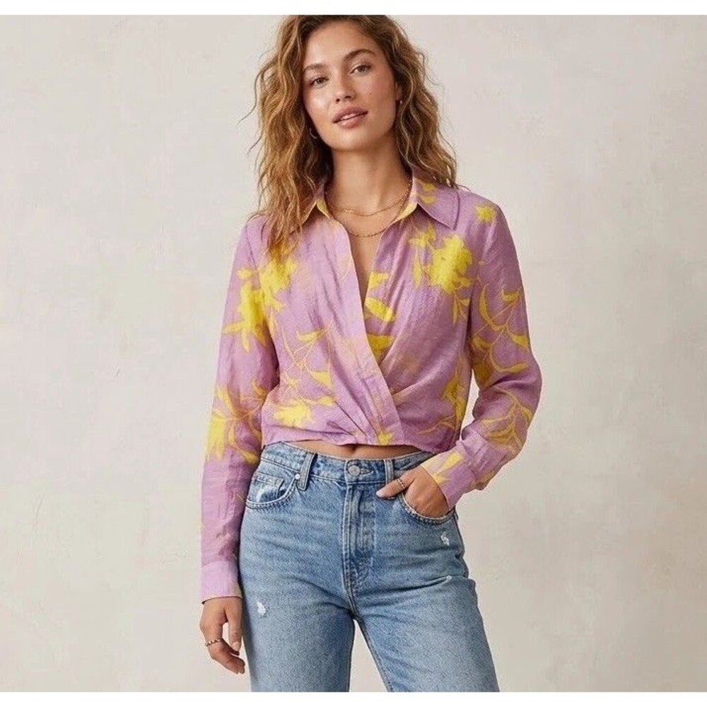 CAbi Drift Lilac &Yellow Floral Wrap Blouse Cropped w/ Elastic Waist, Size Small